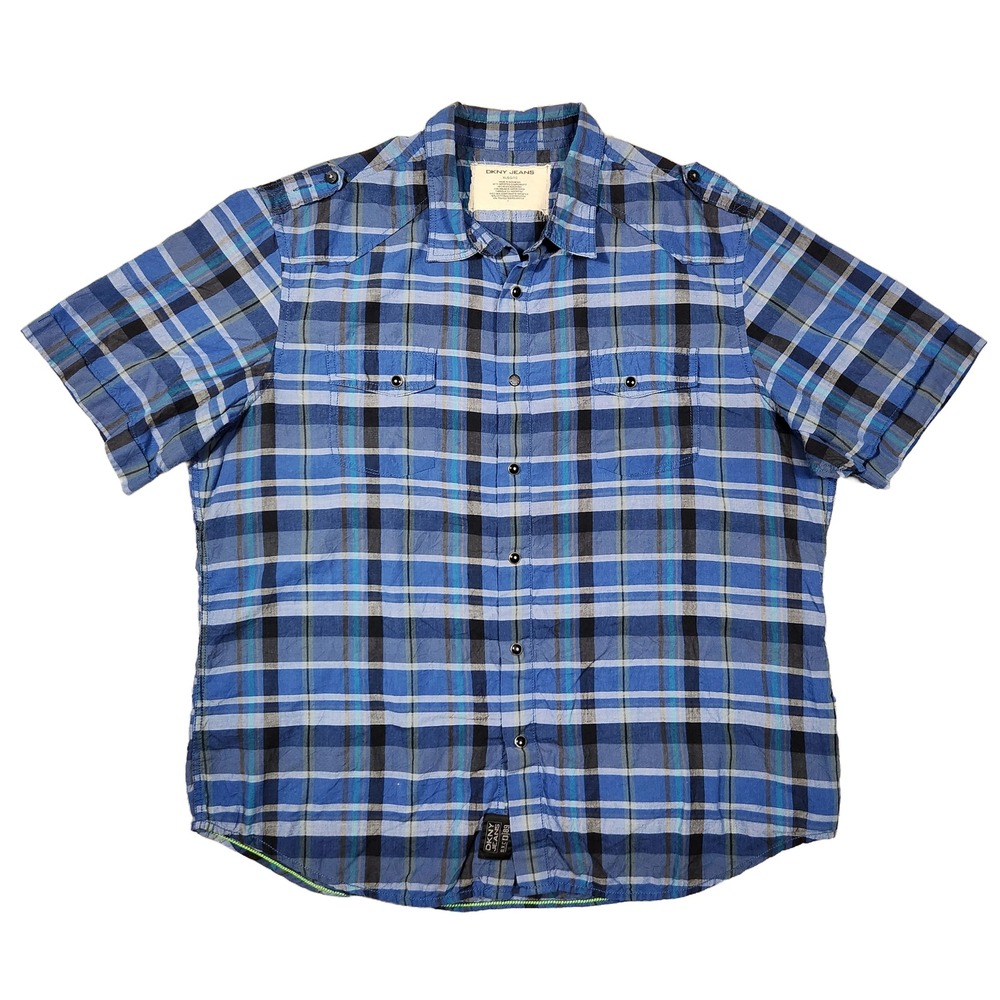 DKNY Shirt Mens XL Blue Plaid Short Sleeve Button Up Preppy Y2k Grunge Punk Edgy
